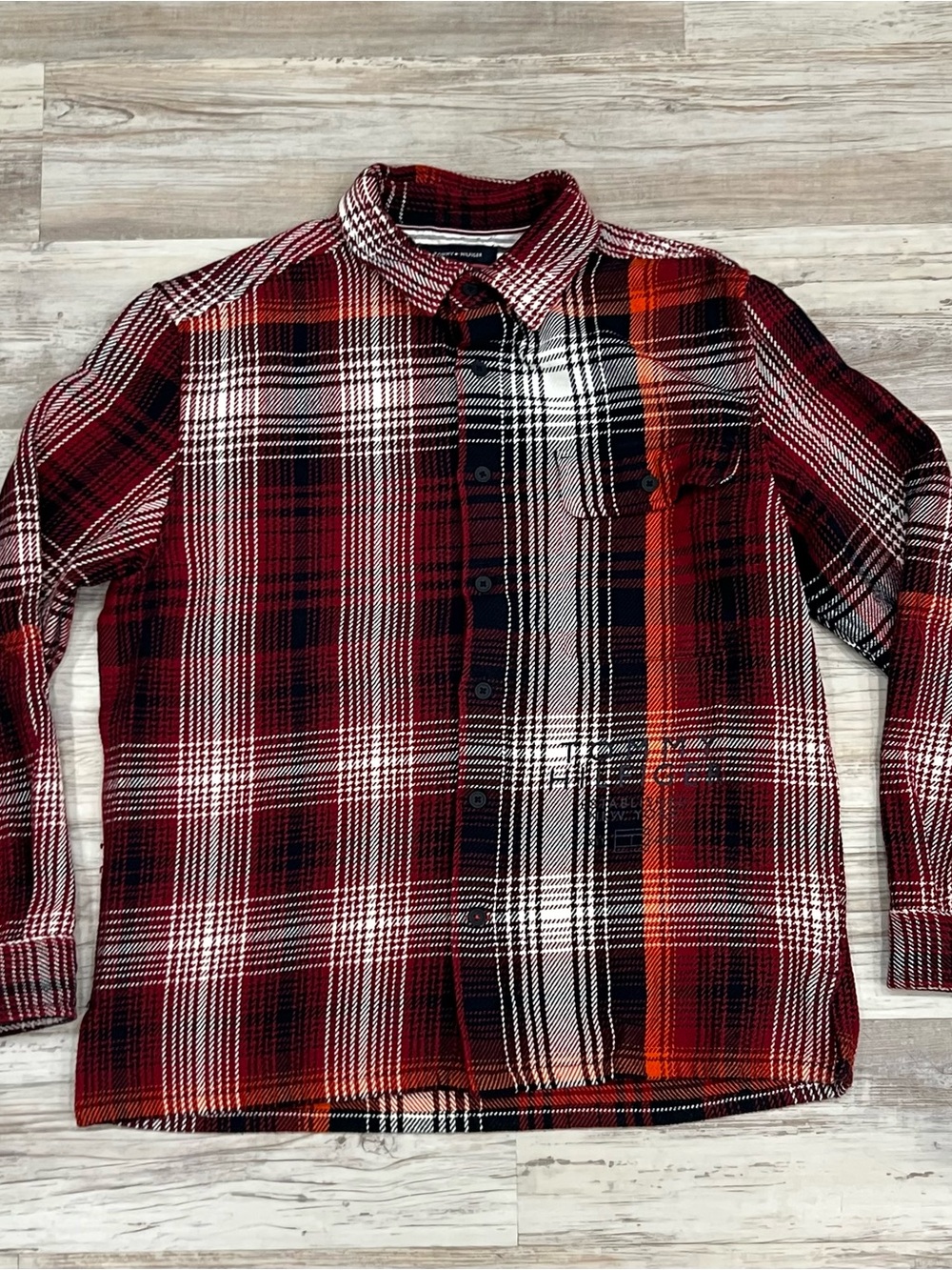 Tommy Hilfiger Men’s Red Blue White Orange Plaid Button-Down Over-shirt Jacket